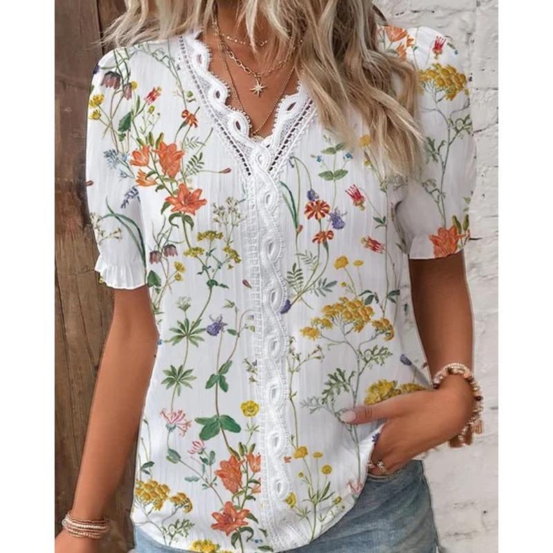 Summer V-neck Lace Trim Floral Print Women's Shirt Women's Fashion Shirt Casual Blouse Suitable for Daily Wear, Office and Leisure