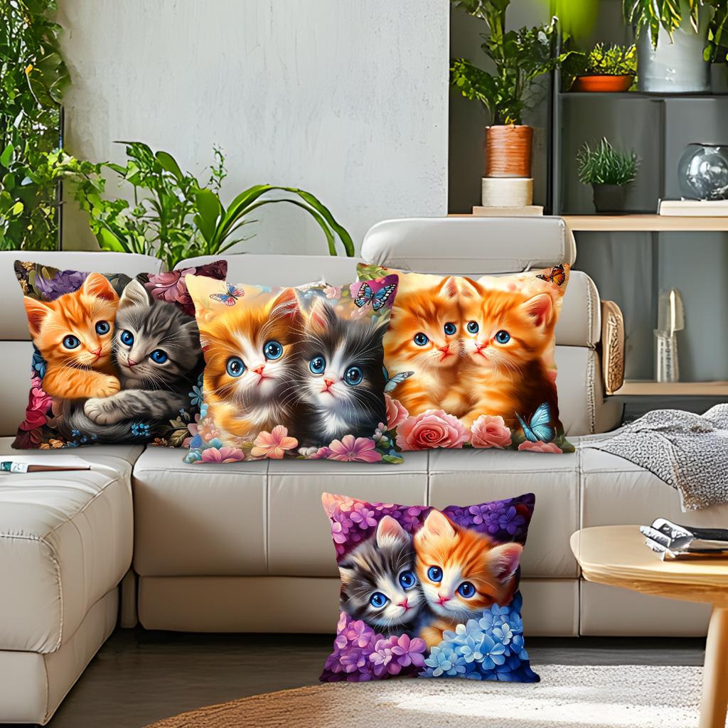Cute Kitten And Floral Design Pillowcase Bedroom Sofa Cushion Cover 100% Polyester Living Room Cushion Pillowcase Home Decor