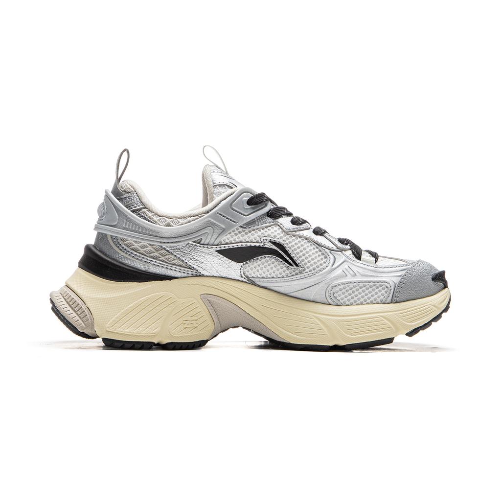 Li Ning Xingji Amortiguación Antideslizante Resistente a la Abrasión Transpirable Caña Baja Zapatillas Chunky para Mujer Plata Blanco AGCU372-2