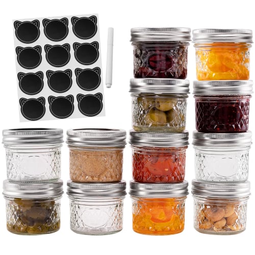 Set of 12 Regular Mouth Mini Mason Jar with Airtight Lids & Bands, Quilted Crystal Glass Storage Jars for Storage Food, Jam, Butter, Baby Food, Crack
