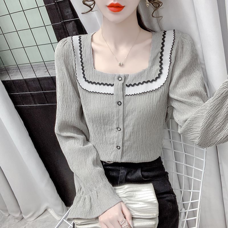 

Уникальный шифоновый топ осенний топ ретро квадратный вырез милая рубашка для женщин 2XL серый