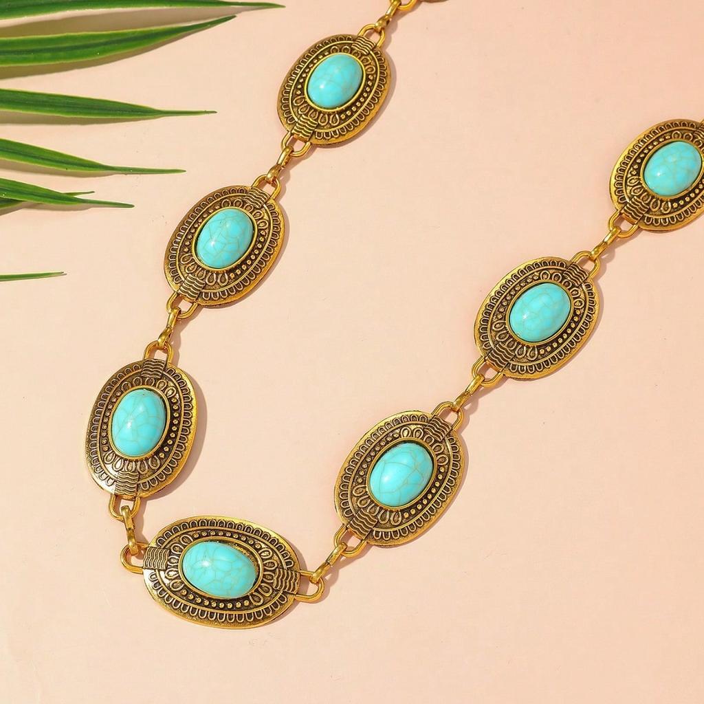 Bohemian Style Waist Chain, Navel Chain, High-end Feel, Retro Inlaid Turquoise Metal Belt, Paired with Skirt