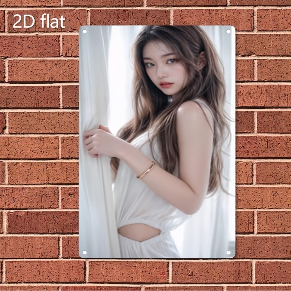 

Vintage East Asian Beauty with Long Wavy Brown Hair in White Sleeveless Cutout Dress Holding Sheer Curtain Metal Tin Sign Soft 20x30cm（7.8x11.8inch）