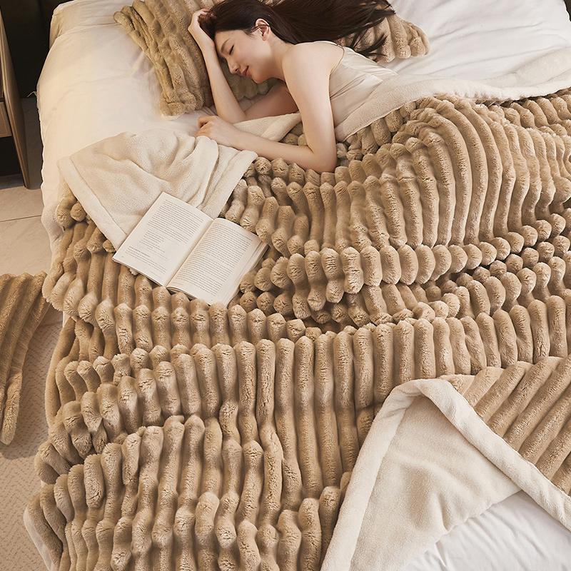 Fluffy Soft Faux Rabbit Fur Throw Blanket for Sofa Thick Warm Wide Striped Fleece Bed Blanket Spring Autumn Cozy Plush Bedspread