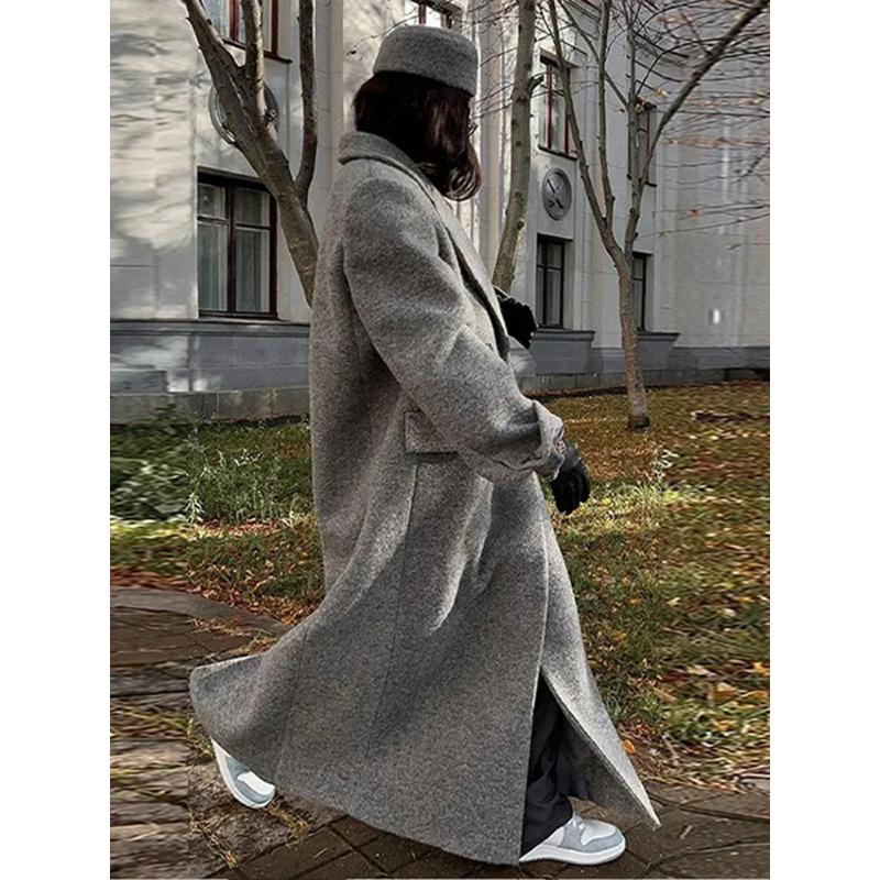 Elegant Faux Fur Long Coat Women Long Sleeve Lapel Loose Woolen Female Maxi Outwears 2024 Autumn Winter Luxury Gary Lady Jackets