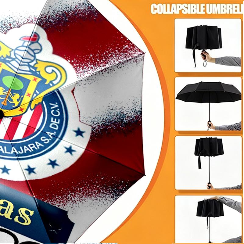 Custom Name Personalized Club Deportivo Guadalajara Print Umbrella, Auto Open Close, 8‑Rib Sturdy Frame, Commute Camping Hiking Use, Birthday Gift