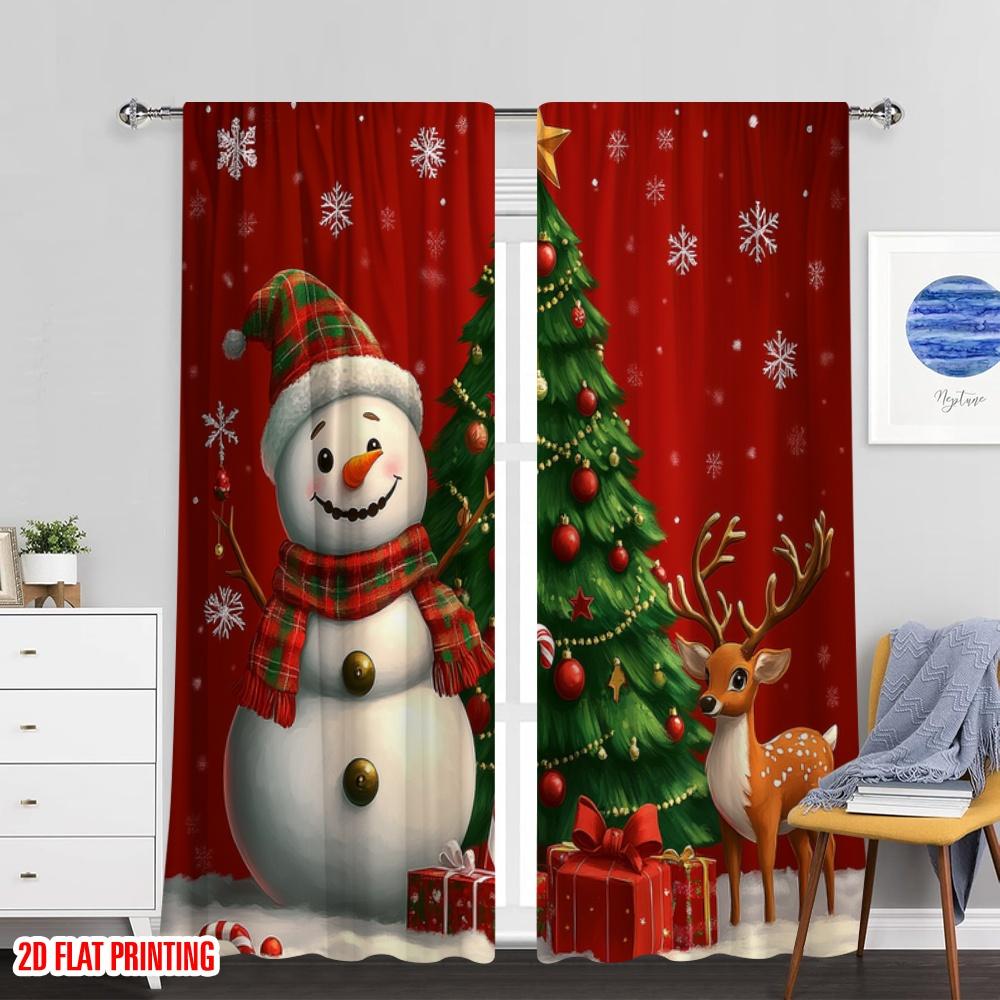 Set Of 2 Plane Printing Curtains Christmas Tree Snowman Deer Holiday Versatile Durable Polyester Without Rod Sheer Made
