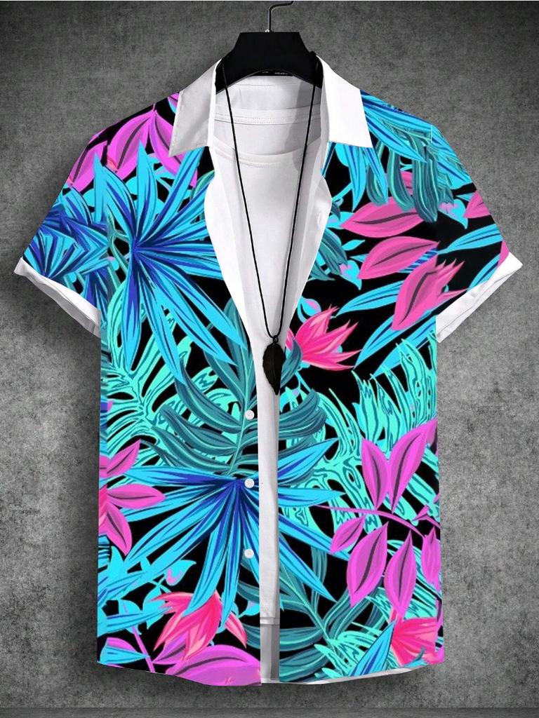 Summer 3d Print Men'sShirt Tropical Hawaiian Beach Vacation Plant Coconut Tree Short Sleeve T-Shirt 4-Way Stretch Fabric Shirt