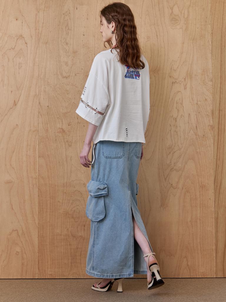 Maja Out-Pocket Back-Slit H-Line Cargo Denim Long Skirt