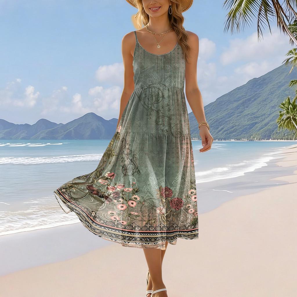 Women’s Summer Floral Print Pocket Adjustable Strap Bohemian Casual Beach Holiday Sundress Loose Fit Sleeveless Dress