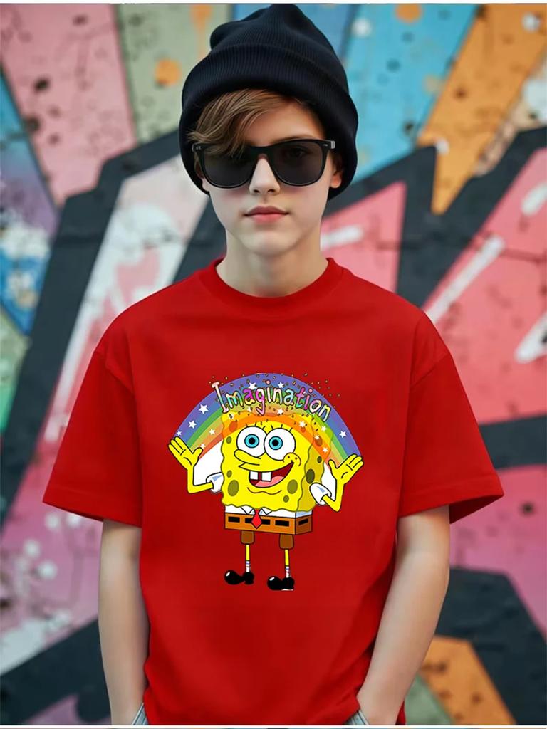 Bouncy SpongeBob Short Sleeve T Shirt Children Summer Cute Crewneck Casual Boys Girls 3-14