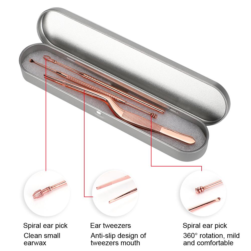 3pcs Stainless Steel Ear Pick Double Head Ear Wax Remover Curette Tweezers Set (Rose Gold)