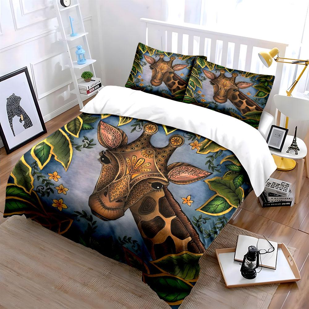 "Jungle-Themed Giraffe Art Set" Kid's and Adults' Bedroom Decor, Exquisite Three-piece Bedding Set Gift
