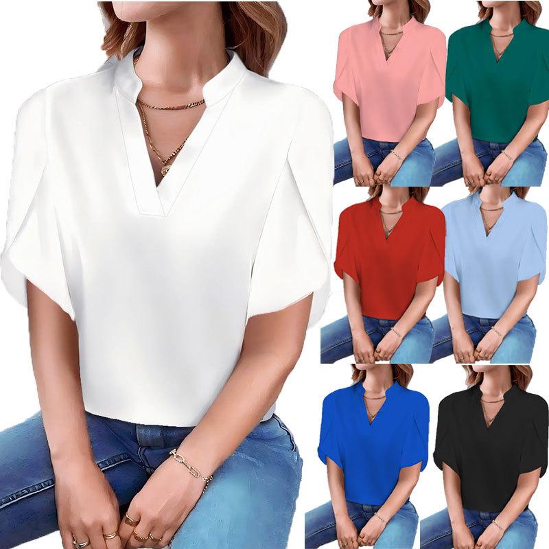 JPNTKY Women's Fashion Casual Solid Color Print Short Sleeve V Neck Blouses & Shirts