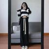 Women's Trendy High-Waist Black Drawstring Wide-Leg Trousers for Spring & Autumn