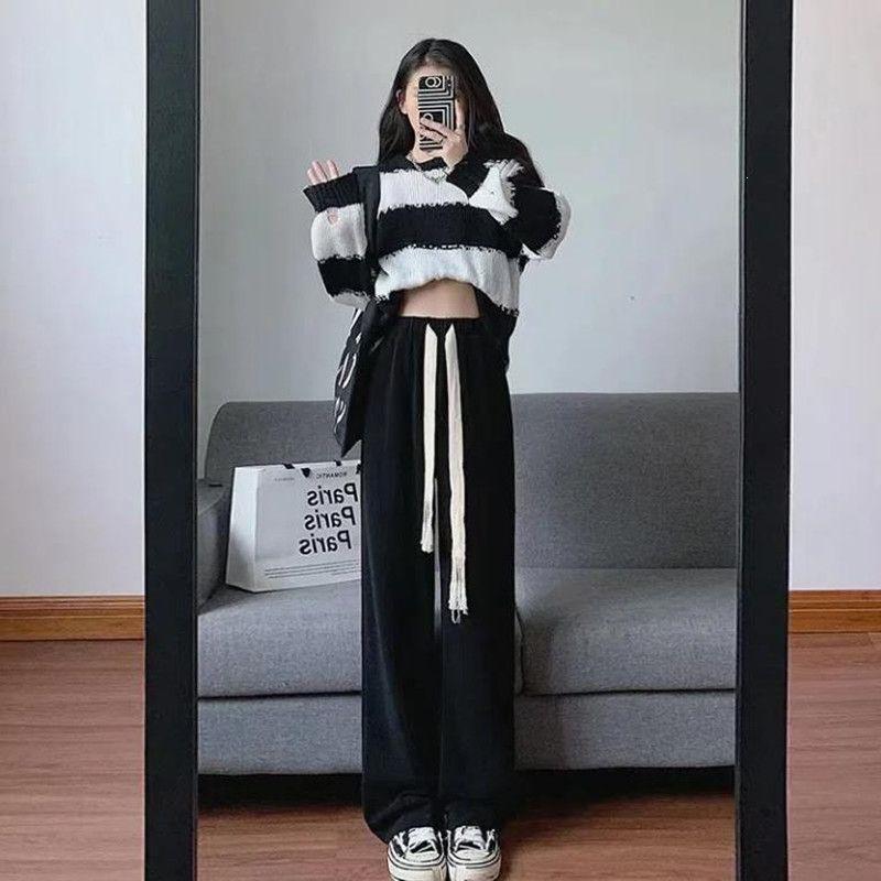 Women's Trendy High-Waist Black Drawstring Wide-Leg Trousers for Spring & Autumn