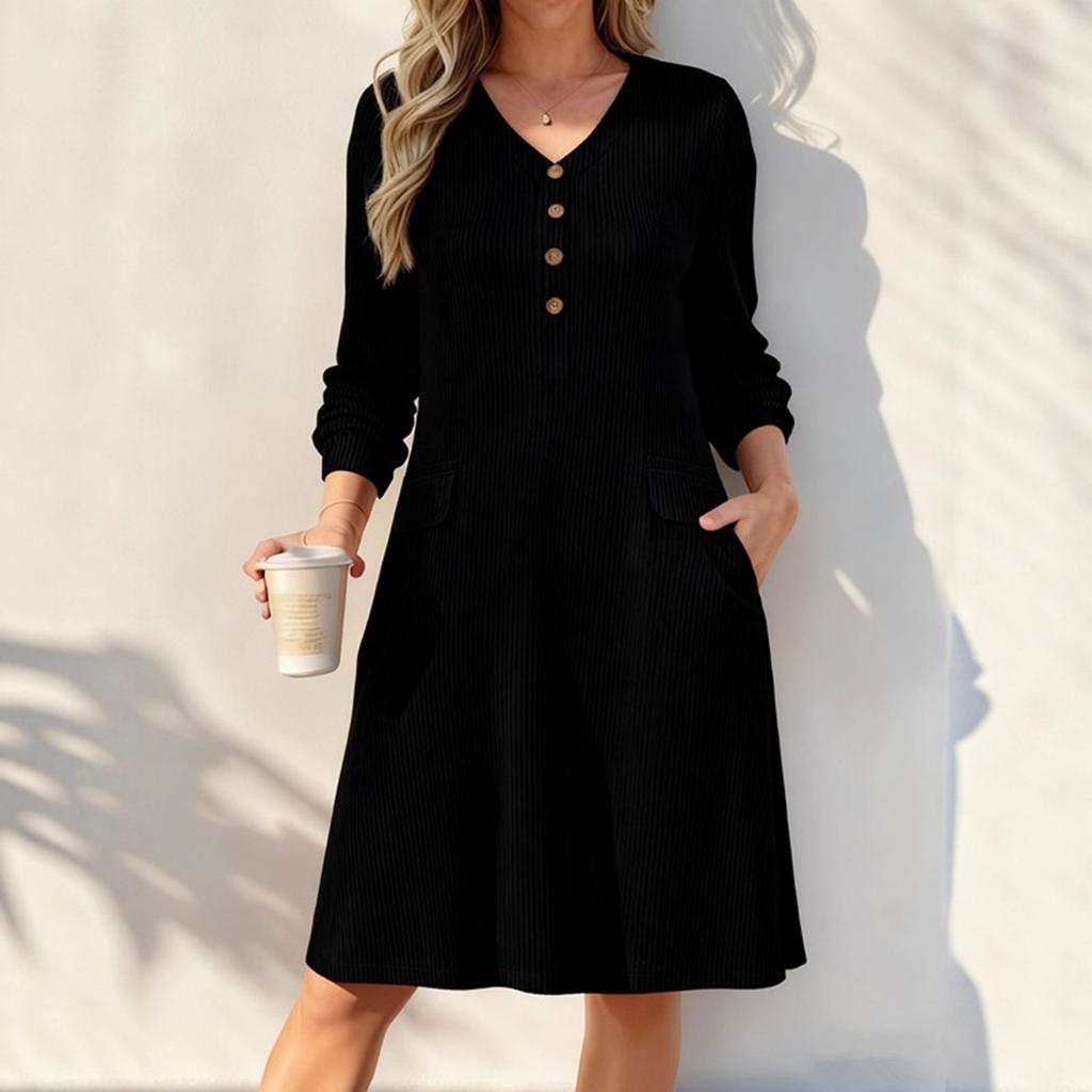Women's Color V-Neck Long Sleeve Button Front Dress with Pockets Casual Elegant Wear