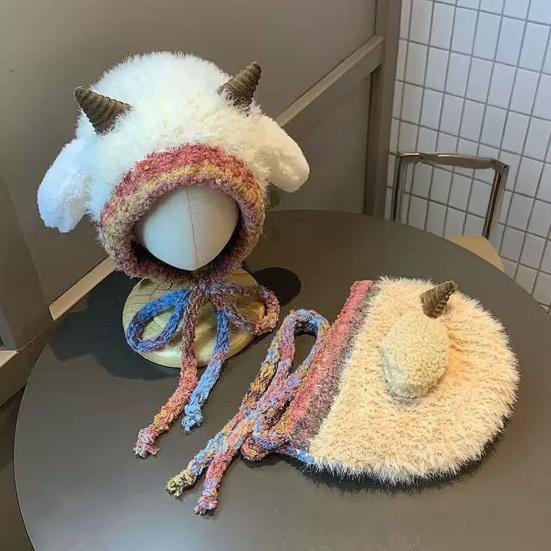 Knitted Hat Lamb Ears Design Universal Fit Soft Plush Windproof Hat Family Photo Christmas Hat 2 In 1 Convertible Santa Hat Tote