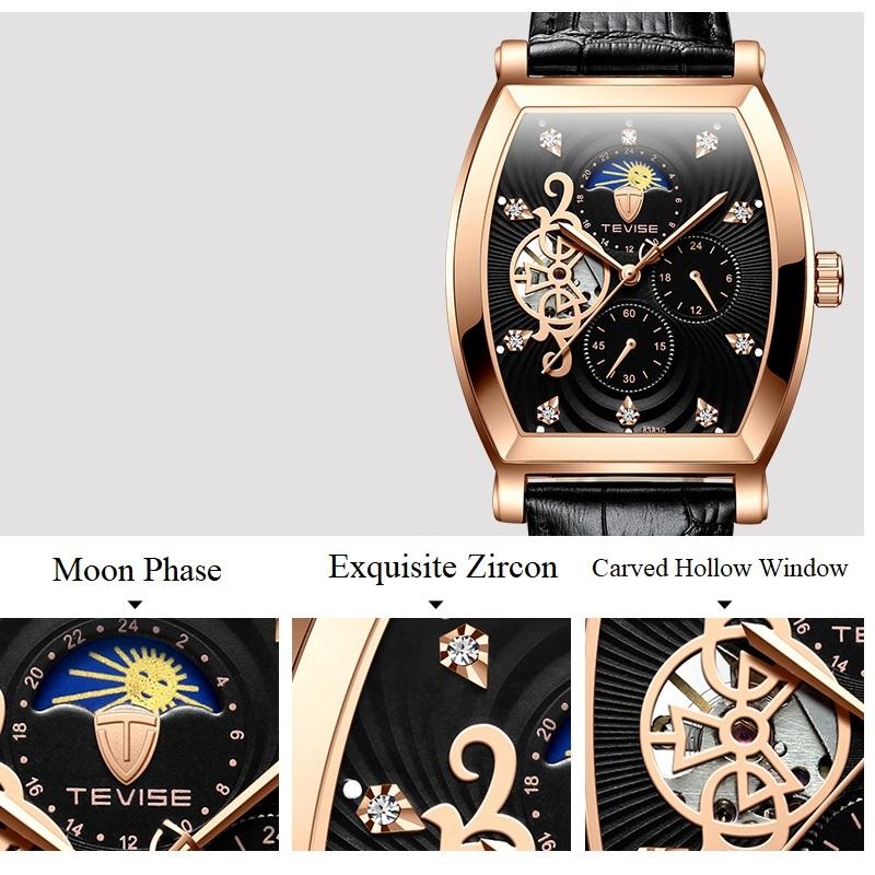 Fashion Top Brand Men's Mechanical Watch Tevise 8383c Business Waterproof Automatic Carved Hollow Window Moon Phase Zircon