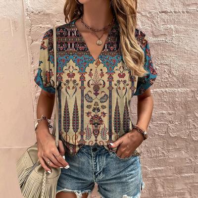 New Women's T-Shirt Summer V-Neck Clothes Ethnic Short Sleeve Top Casual Harajuku Streetwear T Shirt for Women Pullover Hip Hop