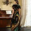 Women Plus Size V Neck Short Sleeve Black Gold Printed Straight Long Dress