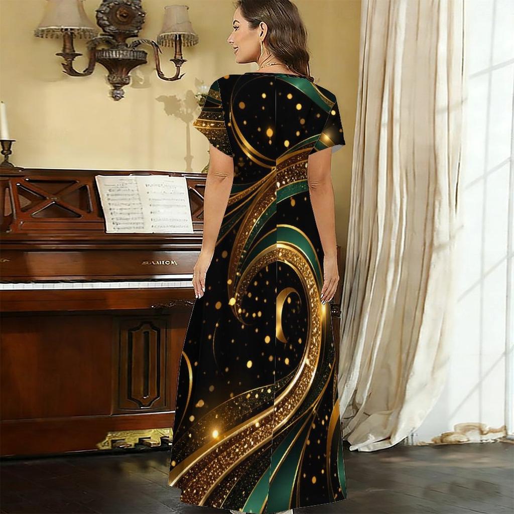 Women Plus Size V Neck Short Sleeve Black Gold Printed Straight Long Dress