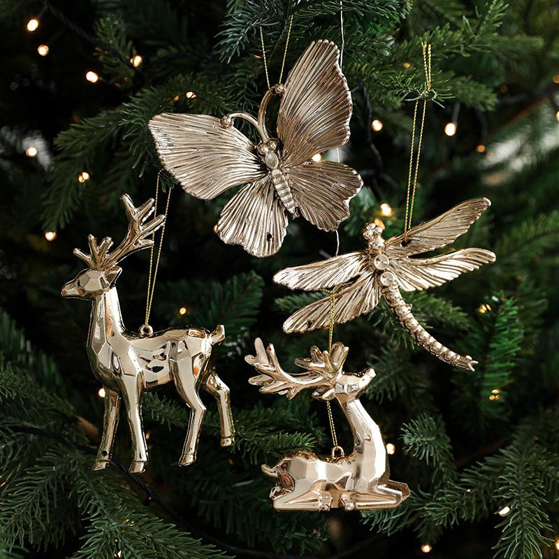 2025 Christmas Tree Ornaments Gold Plastic Elk Unicorn Angel Snowflake Hanging Pendants 2026 New Year Home Decoration Kids Gift
