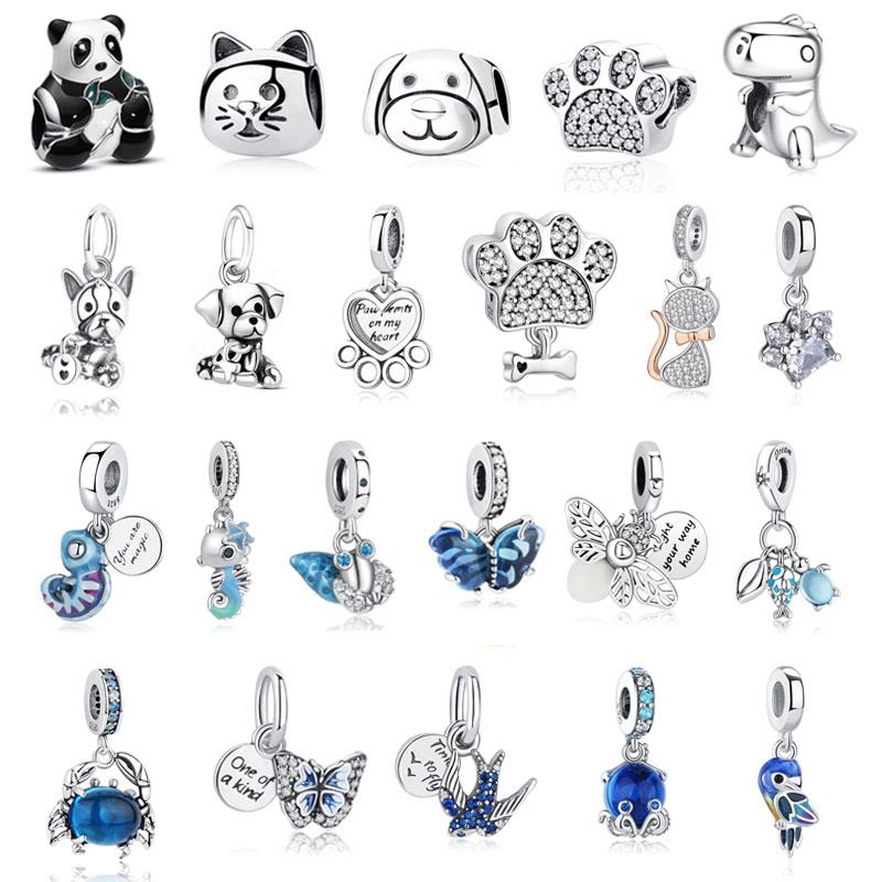 Original 925 Sterling Kupfer Charm Perle Liebe Hund Katze Pfote Panda Glühwürmchen Anhänger Charms Passend für Armbänder Halsketten Frauen Zirkon