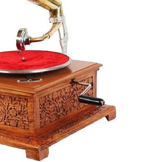 Mosaz a dřevo Zlatý gramofon Vintage gramofony Gramofon Jehla Květinová řezba Vintage gramofon