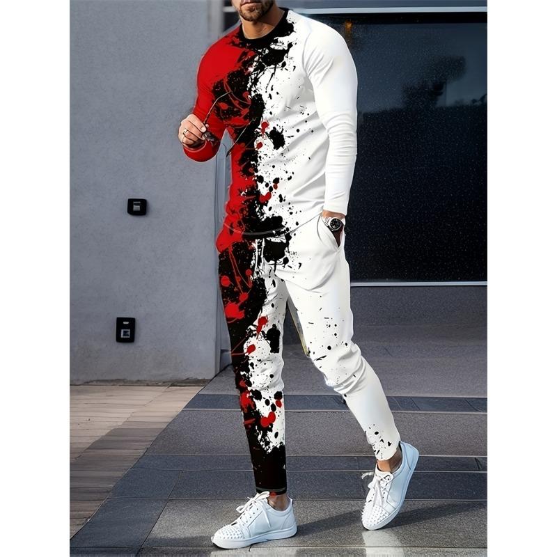 Men's Fashion Graffiti Novelty Pajamas Loungewear Set Autumn Men's Daily Casual Long-sleeved T-shirt Street Fashion Pants