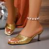Mode Luxus Gold Silber High Heels Sandalen Damen 2025 Slipper Eckige Zehen Sommer Hausschuhe Frau Übergröße 42 Dünne Absätze Partyschuhe
