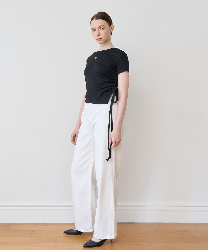 BIBYSEOB Asymmetrical Shirred Half T-Shirt Black [T42]