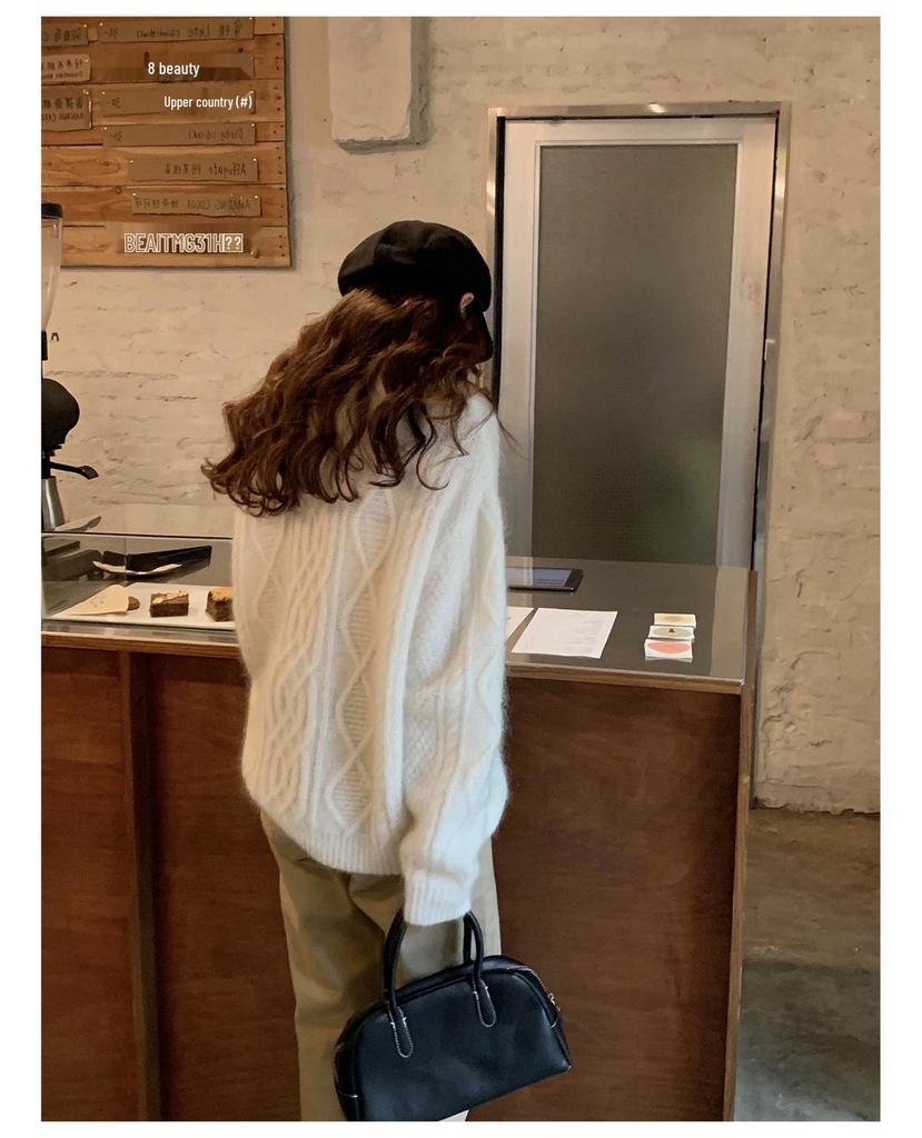 Women's Gentle Style Cashmere Round Neck Cardigan - Autumn Winter Twist Flower Knit Sweater