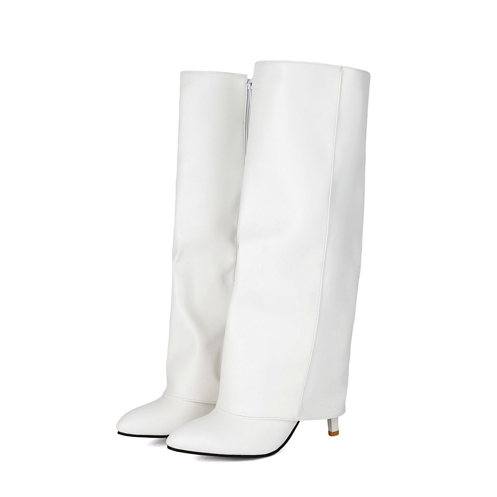 

Стильные высокие сапоги до колена Женские с отворотом на высоком каблуке Высокие ботильоны Молния Острый носок Туфли для платья Мягкая кожа Шпилька Для ходьбы 44 белый