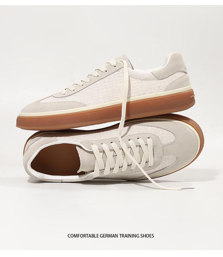 Men's Old Money Style Low-Top Breathable Cowhide Spliced Linen White Skate & Running Shoes