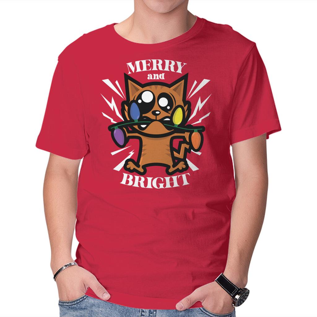 Unisex Crew Neck T-Shirt Merry And Bright Cat Graphic Short Sleeve Casual Tee
