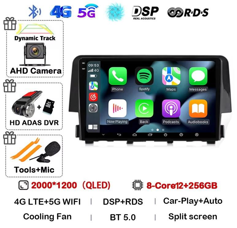 Android 14 Wireless Carplay Auto For Honda Civic 2016 2017 2018 2019 2020 Car Radio Stereo Multimedia Player GPS 4G+WIFI DSP