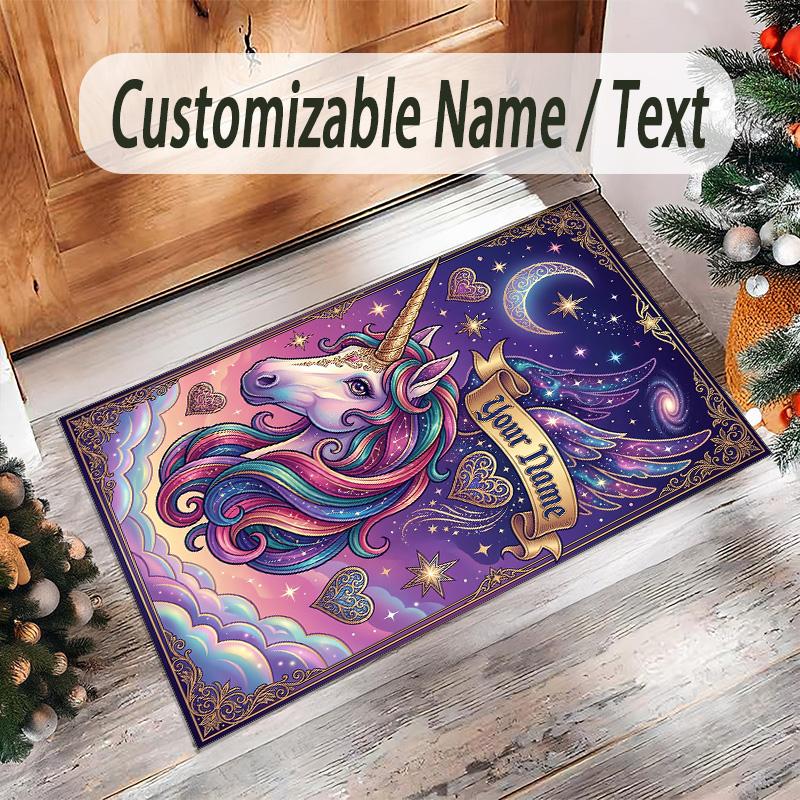 Unicorn Theme Crystal Velvet Floor Rug Personalized Custom Name Text Warm Carpet Home Decoration