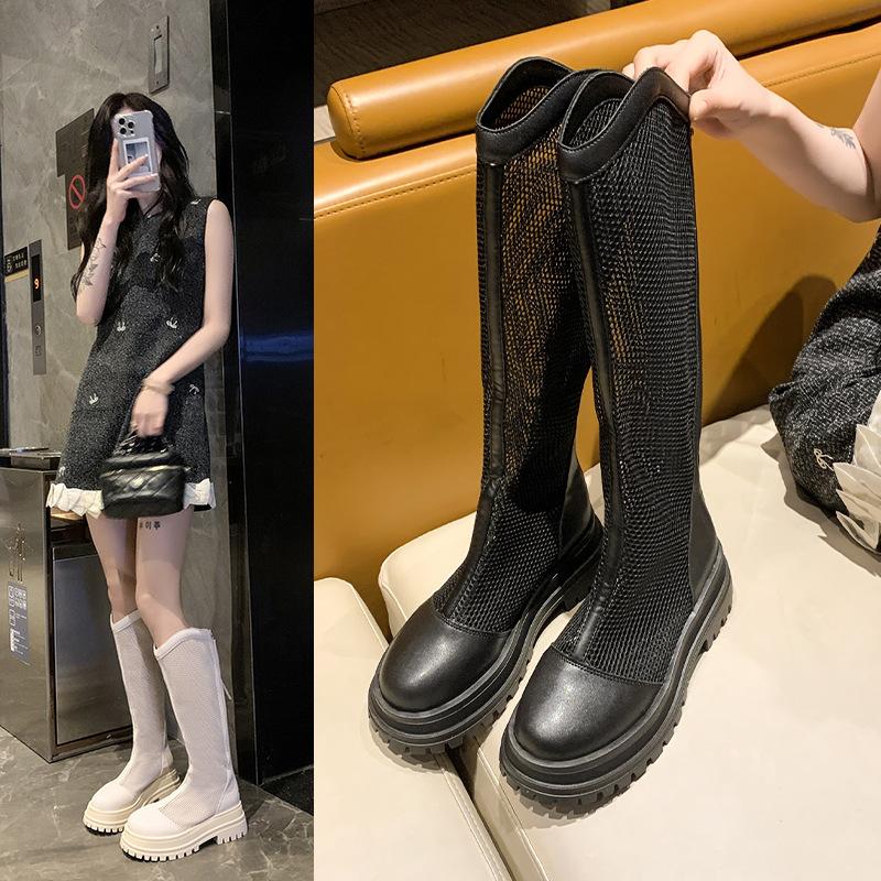 Summer soft leather mesh breathable women's boots are thin and fat mm hollow thick-soled cool boots, summer thin large tube seine boots women