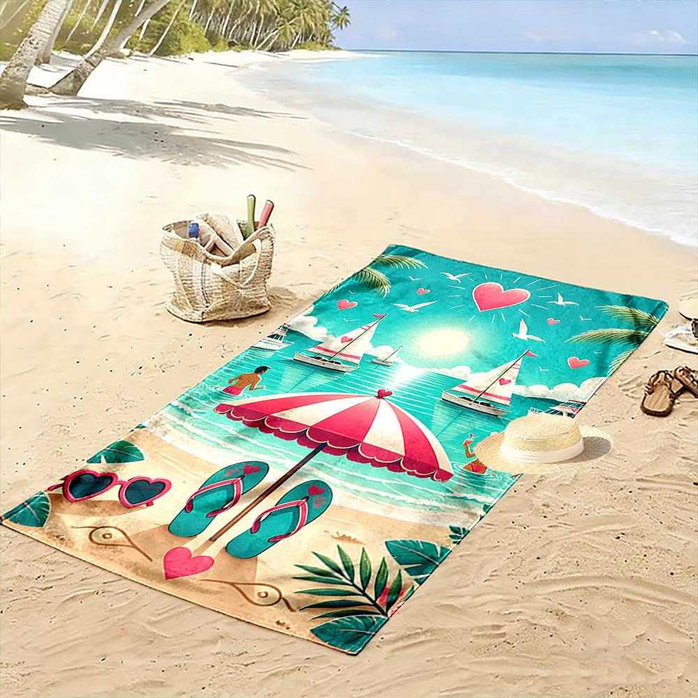 Romantic Beach Scene with Hearts Design Beach towel quick-drying for travel outdoor sports jogging beach and swimming