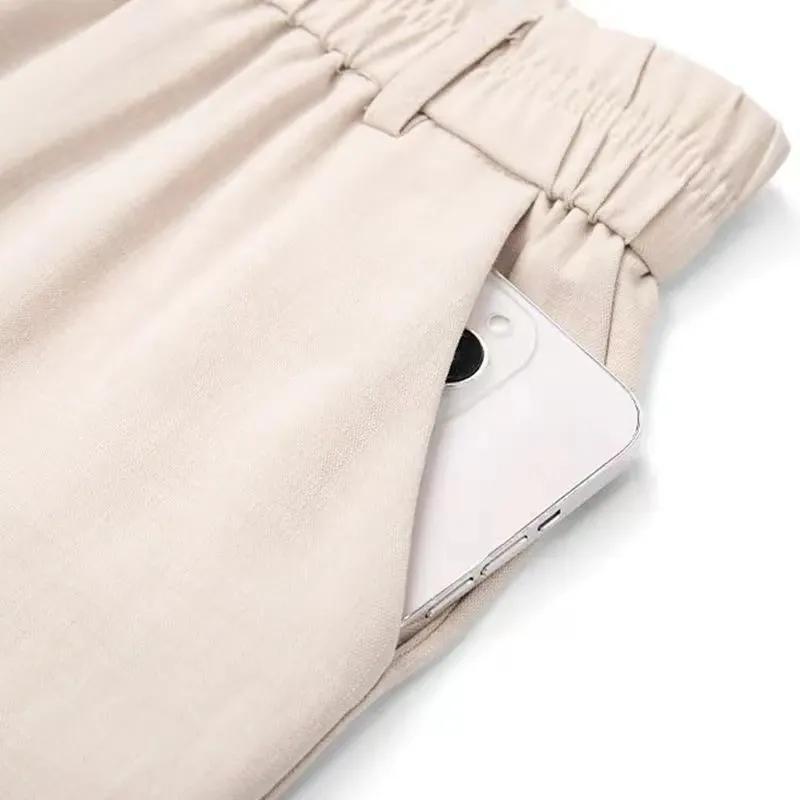 Casual Elastic Waist Straight Suit Pants Women Summer Thin Ice Silk Wide Leg Pants Office Ladies All-Match Solid Linen Trousers