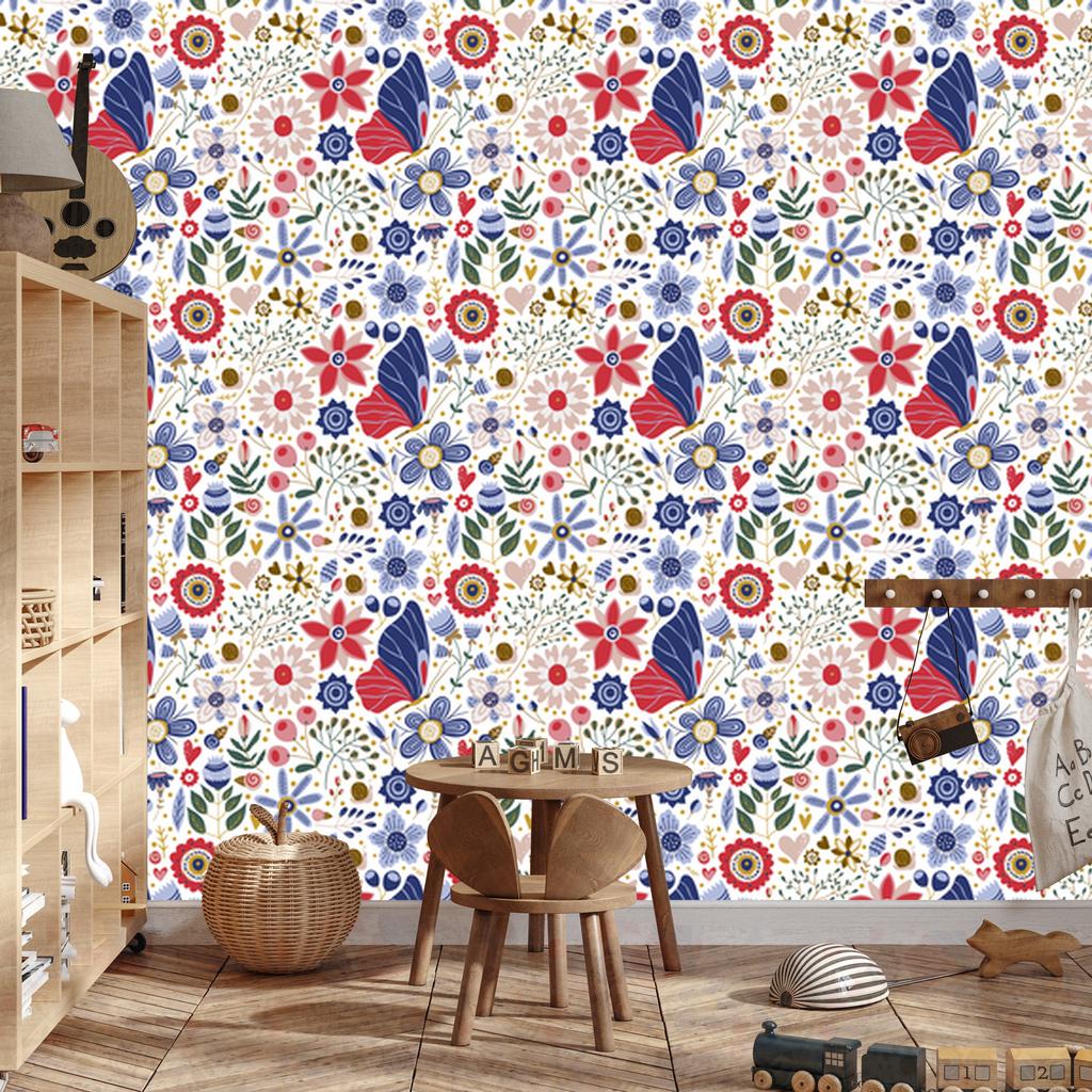 Folk Flowers Wallpaper White and Blue for Living Room and Bedroom 50x1000