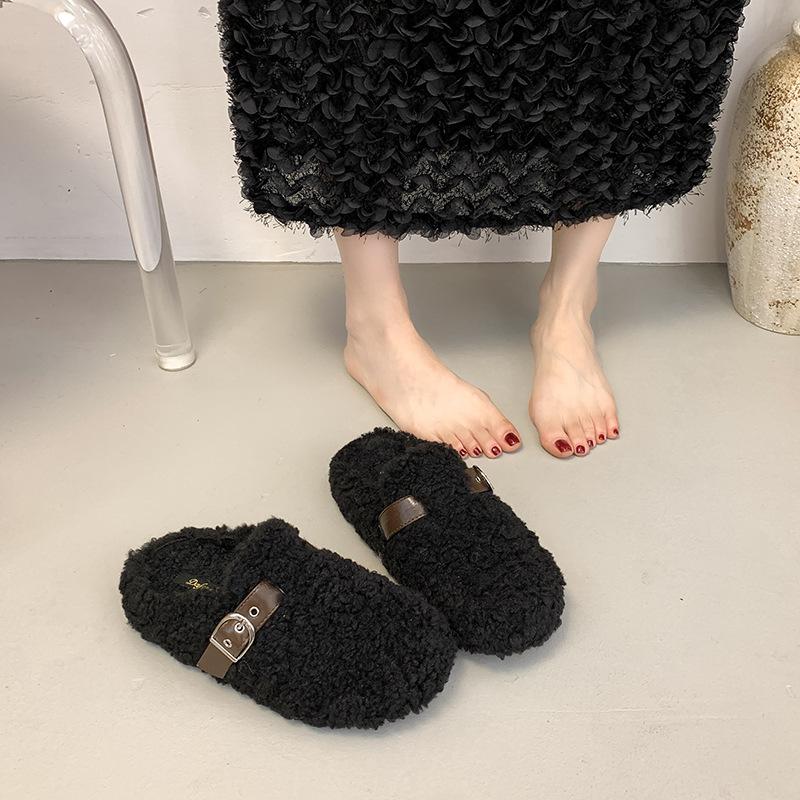 Internet Celebrity Baotou Hairy Half Drag Women's Autumn New Korean Version Flat-bottomed Casual Outer Wear Women's Slippers One Foot Lazy Shoes