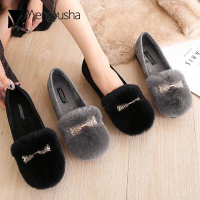 Mode Winter Kaninchenfell Schuhe Frau große Größe 34-43 Baumwoll-Slipper bequeme Plüsch-Mokassins Zauberstab Metall dekorieren flauschige Flats weiblich