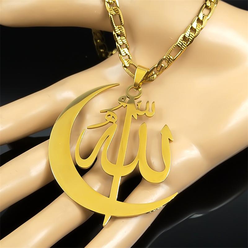 Islamic Allah Crescent Moon Symbol Necklace for Women Men Stainless Steel Gold Color Muslim Allah Chain Jewelry colar masculino