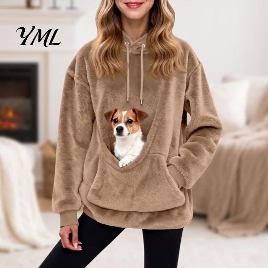 Sudadera con capucha extragrande para mujer, con bolsillo para mascota, peluda, con bolsillo tipo canguro, jersey con capucha para llevar perro/gato, para Otoño Invierno, cachorro