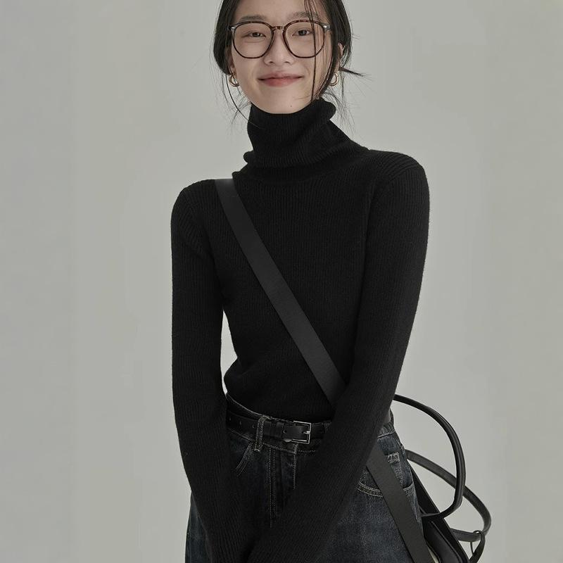 

White stacked collar long-sleeved bottoming shirt women s pullover solid color inner with autumn and winter turtleneck sweater high-end knitted top L чорний