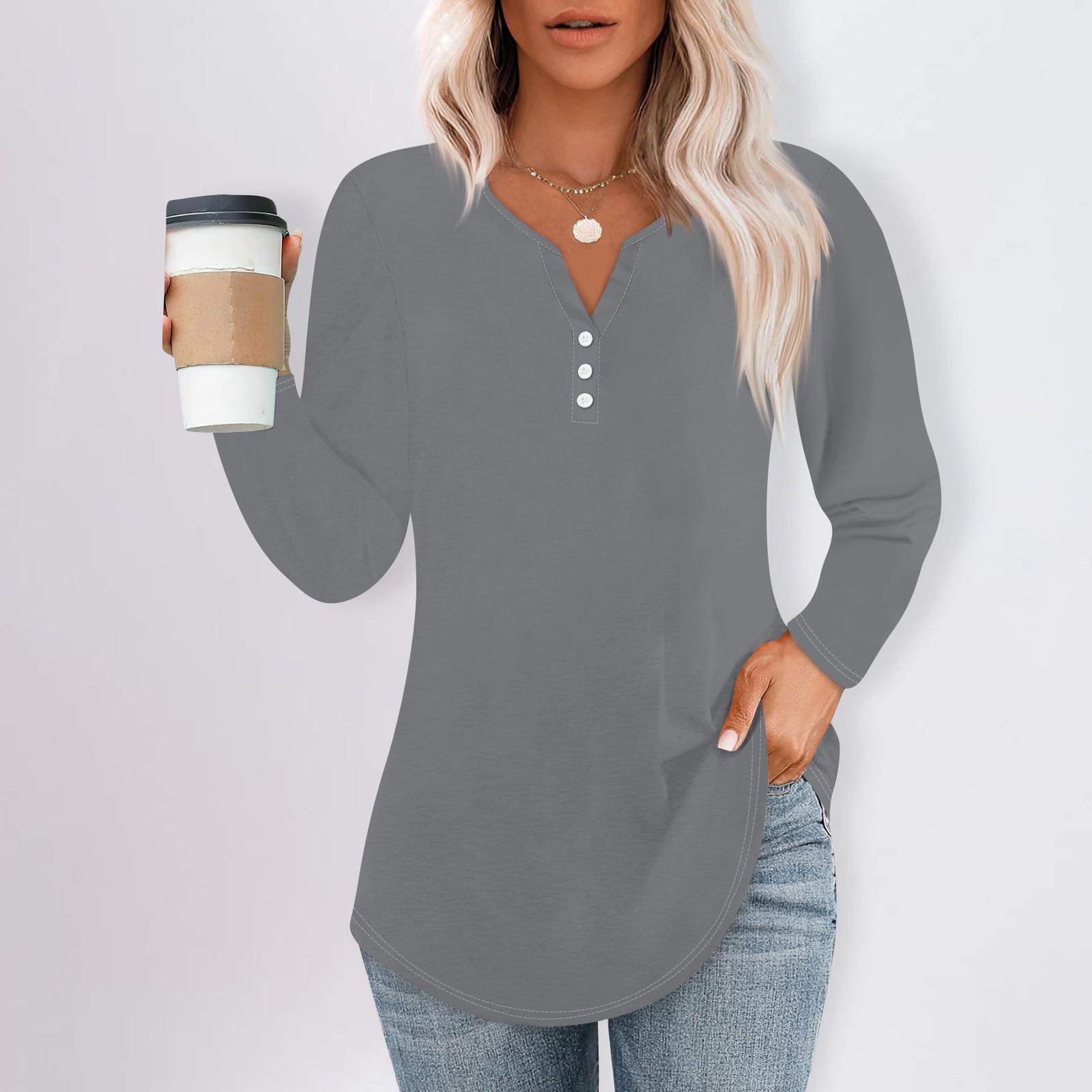 

Женская футболка с пуговицами, однотонная, с длинным рукавом, повседневная, выходного дня, модная, базовая, с V-образным вырезом XXXL серый