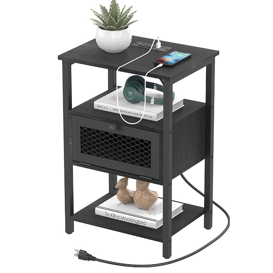 Nightstand with Charging Station, End Table with Power Outlets and USB Ports, Farmhouse Side Table with Drawer and Storage Shelf