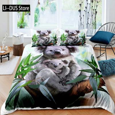 Kawaii Koala Bedding Set Full Size For Kids Boys Girls,Cartoon Animal Comforter Set Quilt Duvet Green Leaves Bedroom Decor 3pcs